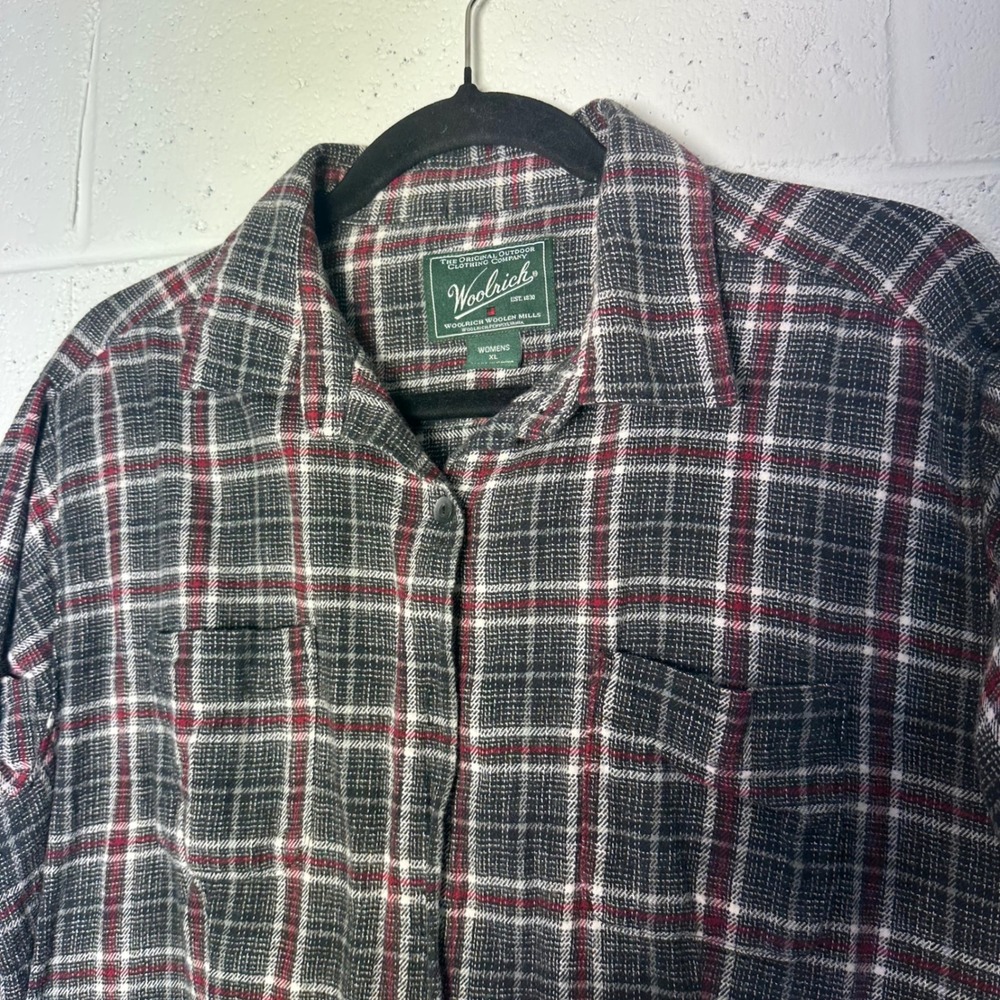 Woolrich Womens XL Plaid Flannel Button Down Shirt Grey Red Long Sleeve Pockets‎